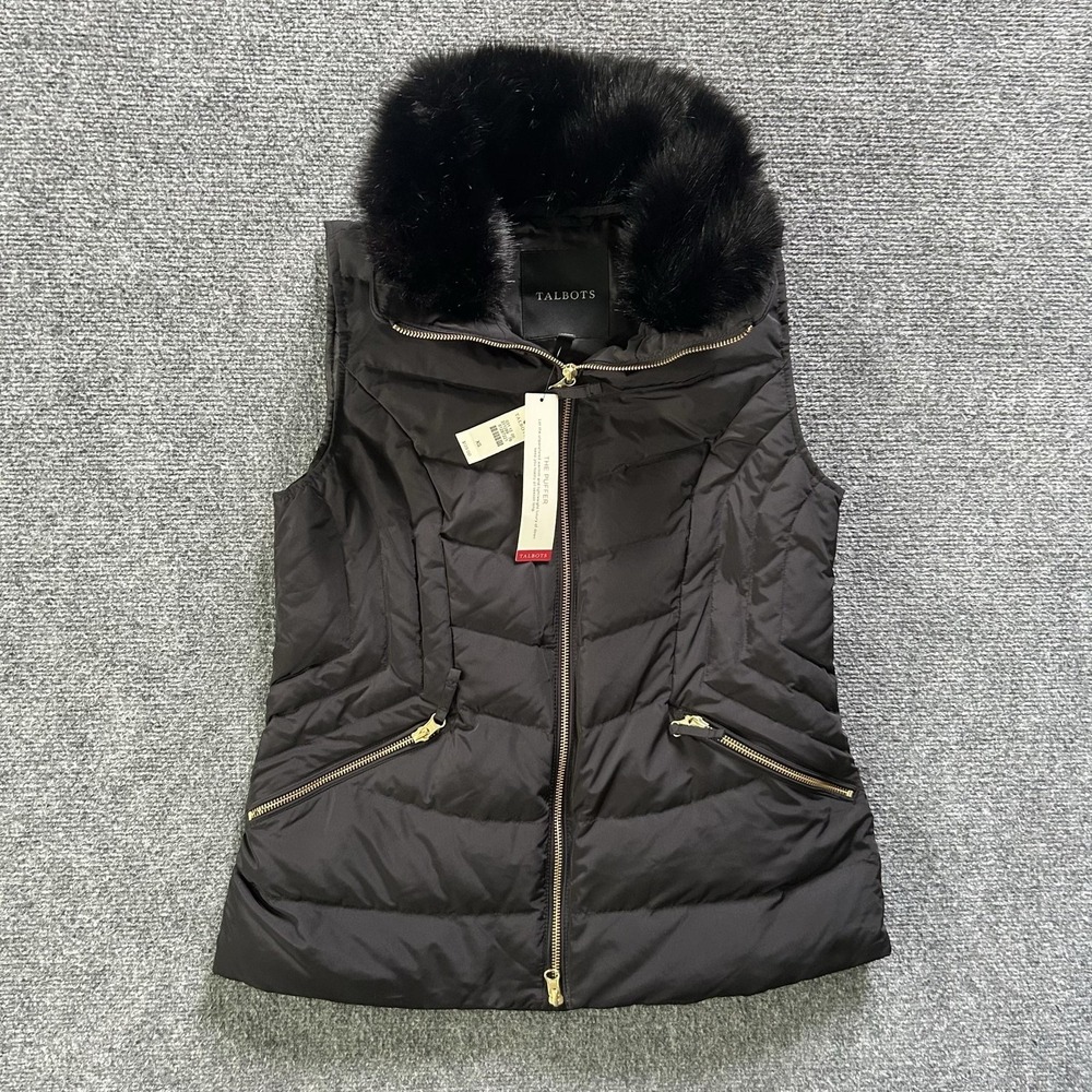 Talbots Vest Womens XS Black Down Puffer Faux Fur Collar Zip Pockets Quilted